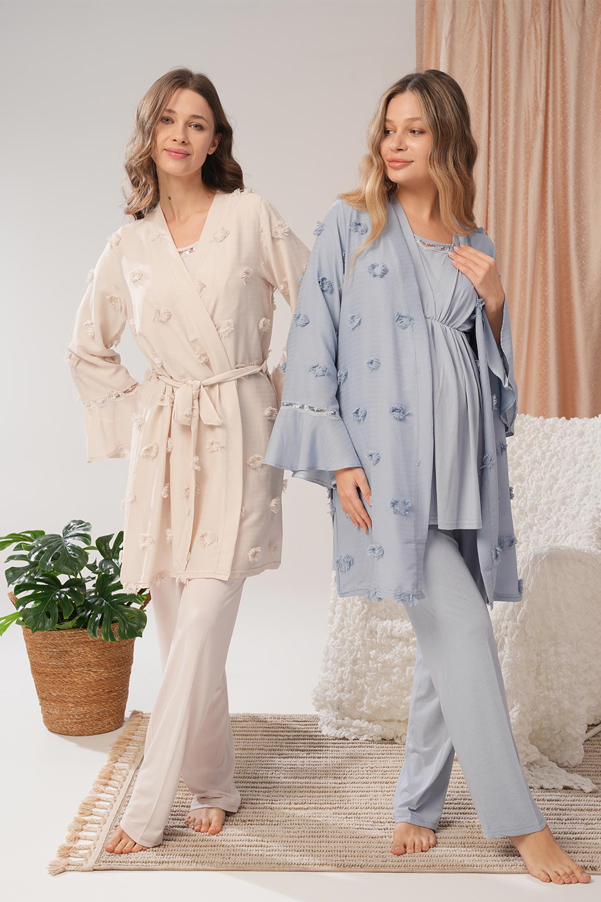 Bone Kadın Lohusa Pijama Sabahlık Takımı Örgülü