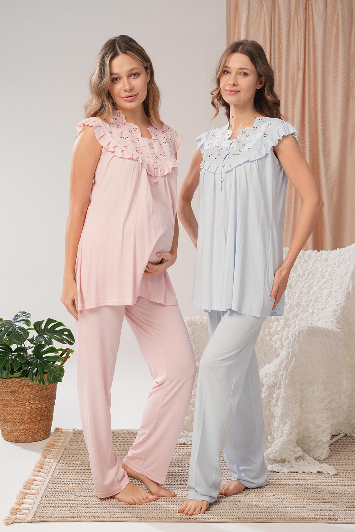 Bone Kadın Lohusa Pijama Sabahlık Takımı Yaka Vual Viskon Kumaş