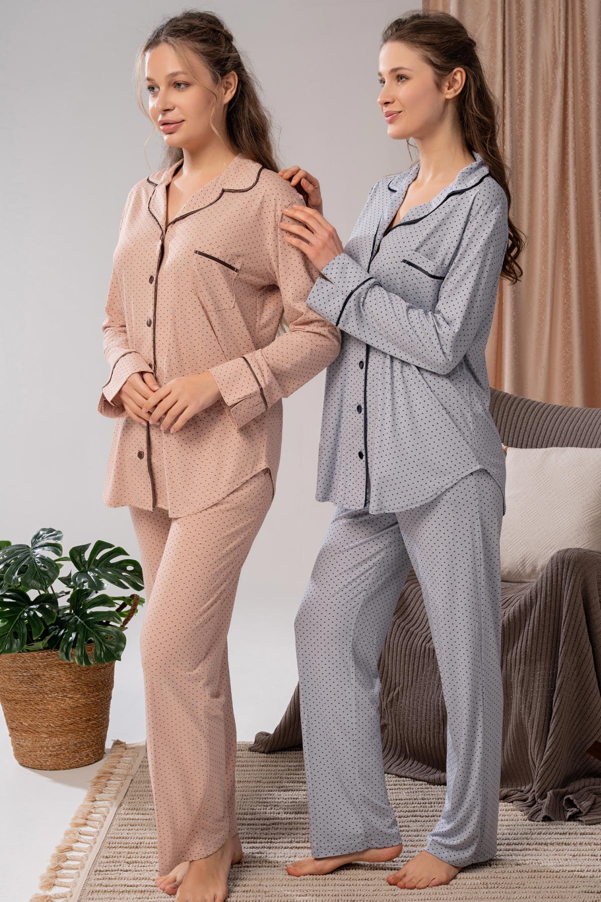 Bone Kadın Pijama Takımı Uzun Kollu Gömlek Yaka Puantiyeli