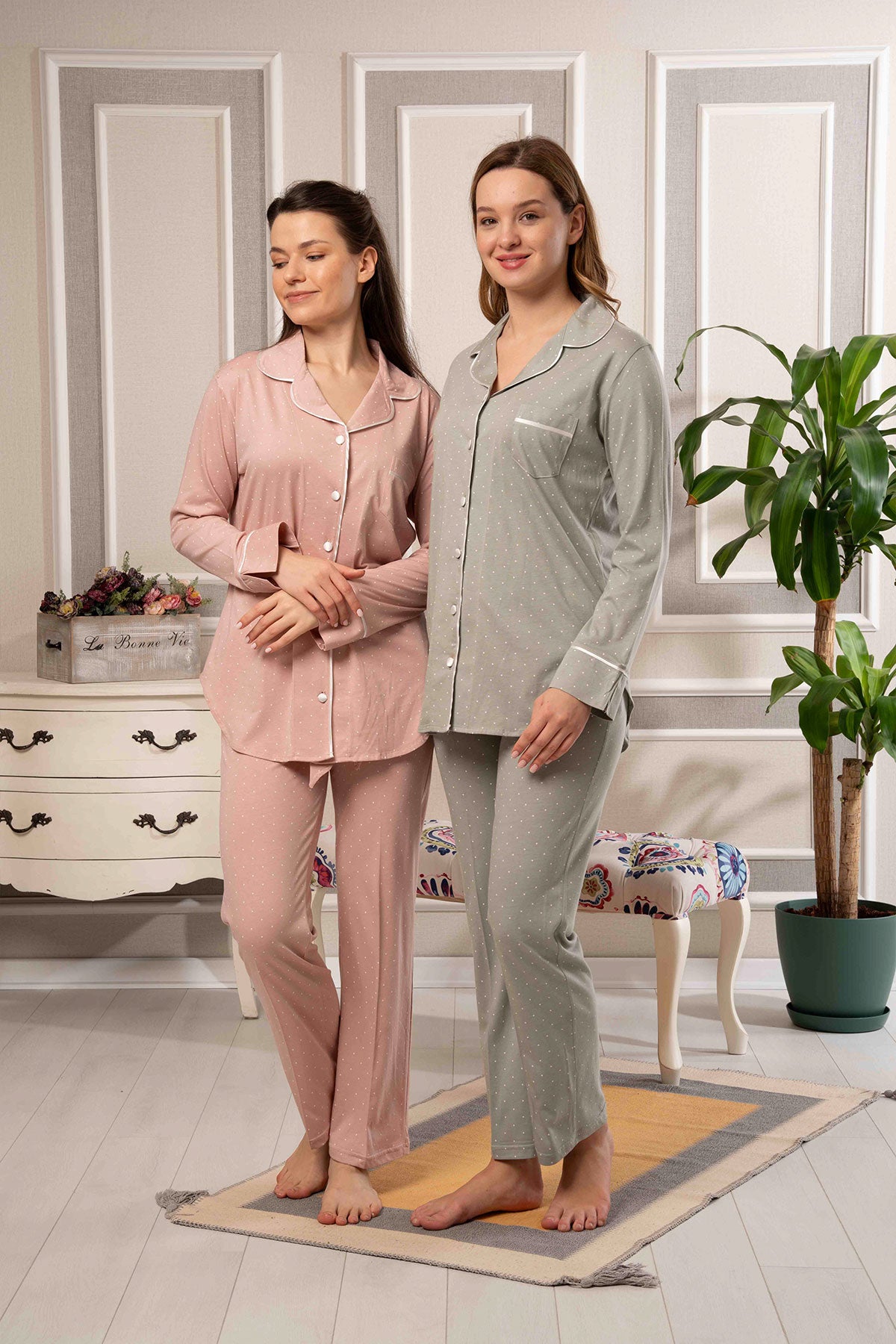 Bone Kadın Pijama Takımı Uzun Kollu Gömlek Yaka Puantiyeli