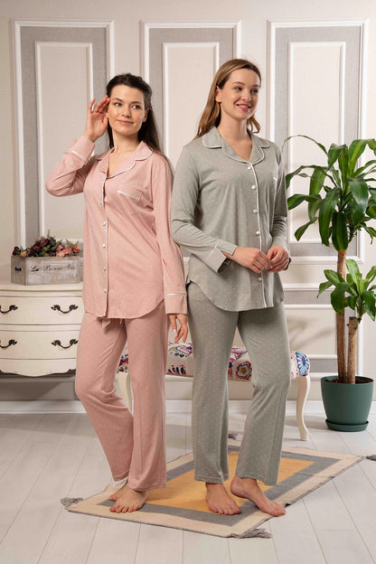 Bone Kadın Pijama Takımı Uzun Kollu Gömlek Yaka Puantiyeli