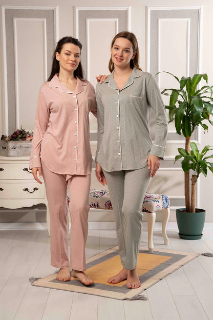 Bone Kadın Pijama Takımı Uzun Kollu Gömlek Yaka Puantiyeli