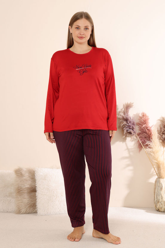 Boyraz Kadın Pijama Takımı Uzun Kollu Büyük Beden Bisiklet Yaka Çizgili Sendy