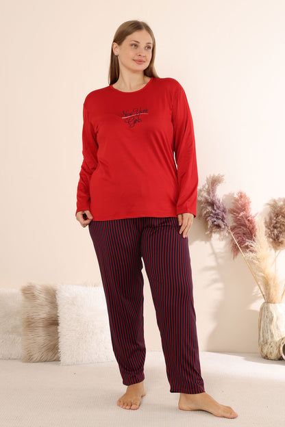 Boyraz Kadın Pijama Takımı Uzun Kollu Büyük Beden Bisiklet Yaka Çizgili Sendy