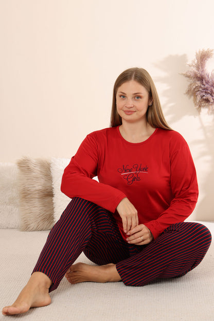 Boyraz Kadın Pijama Takımı Uzun Kollu Büyük Beden Bisiklet Yaka Çizgili Sendy