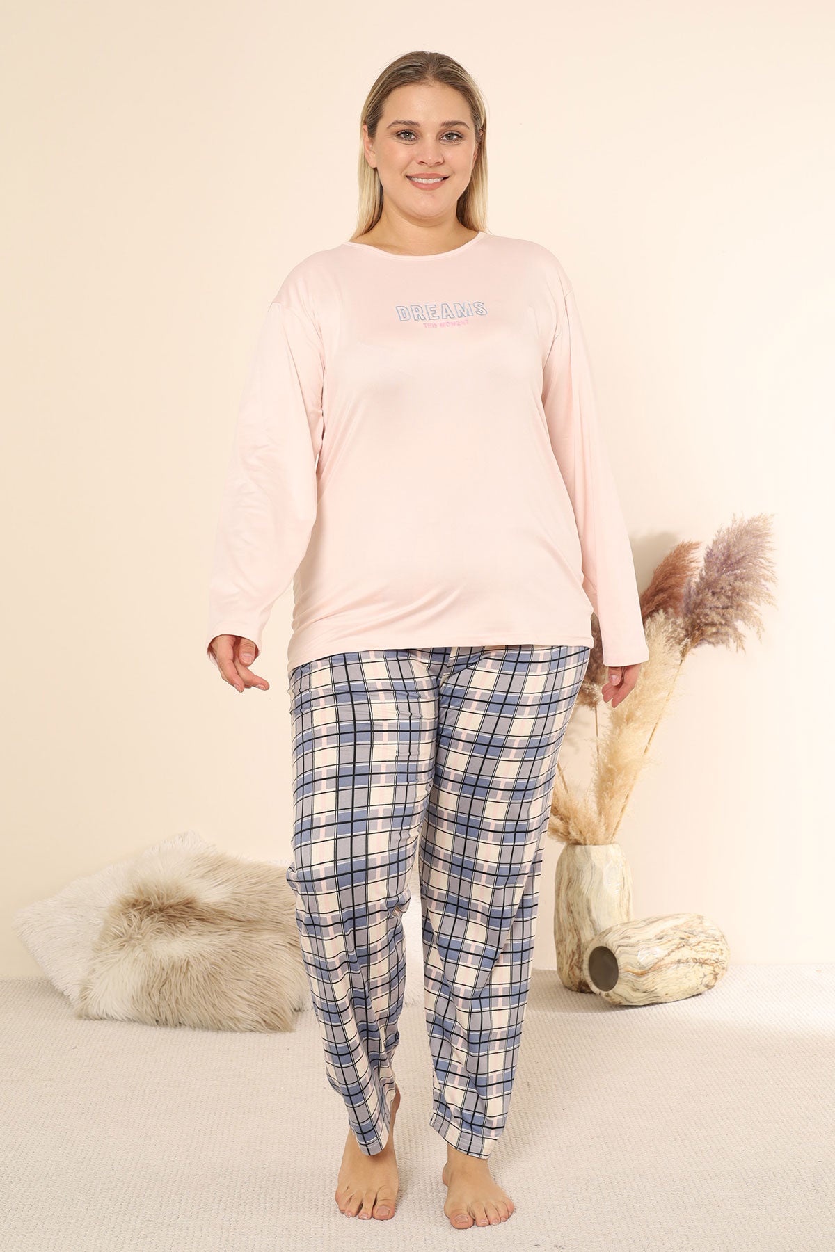 Boyraz Kadın Pijama Takımı Uzun Kollu Büyük Beden Bisiklet Yaka Ekose Sendy