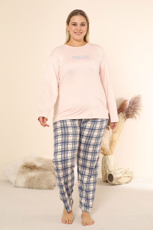 Boyraz Kadın Pijama Takımı Uzun Kollu Büyük Beden Bisiklet Yaka Ekose Sendy