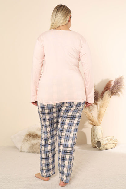 Boyraz Kadın Pijama Takımı Uzun Kollu Büyük Beden Bisiklet Yaka Ekose Sendy