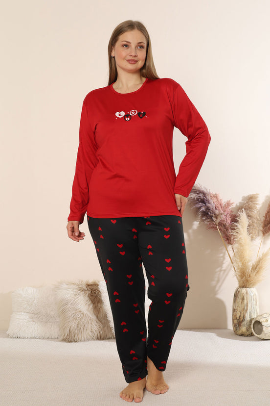 Boyraz Kadın Pijama Takımı Uzun Kollu Büyük Beden Bisiklet Yaka Kalp Desenli Sendy