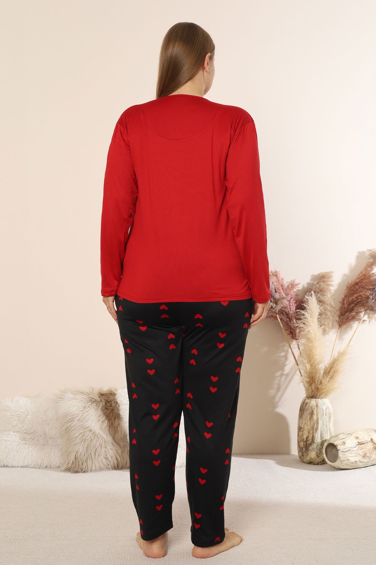 Boyraz Kadın Pijama Takımı Uzun Kollu Büyük Beden Bisiklet Yaka Kalp Desenli Sendy