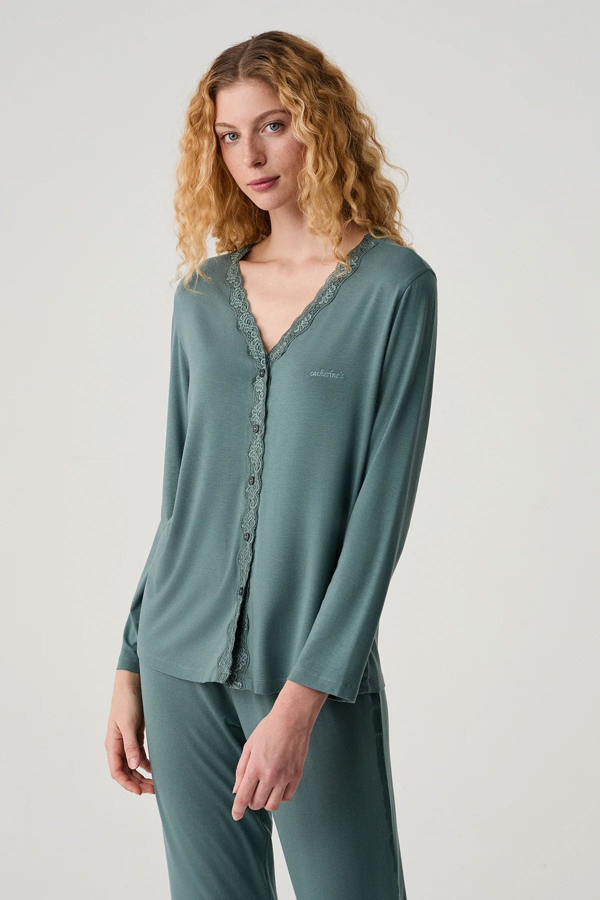 Catherine's Kadın Pijama Takımı Dantel Detaylı Gömlek Yaka
