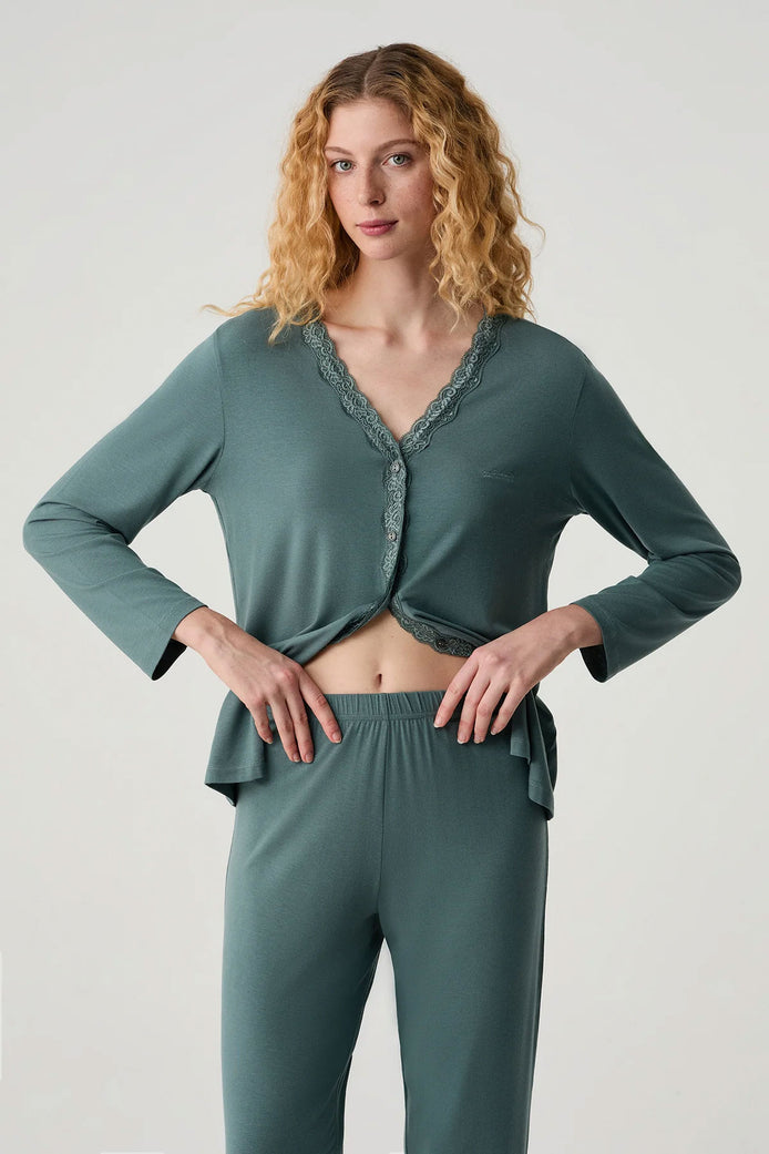 Catherine's Kadın Pijama Takımı Dantel Detaylı Gömlek Yaka