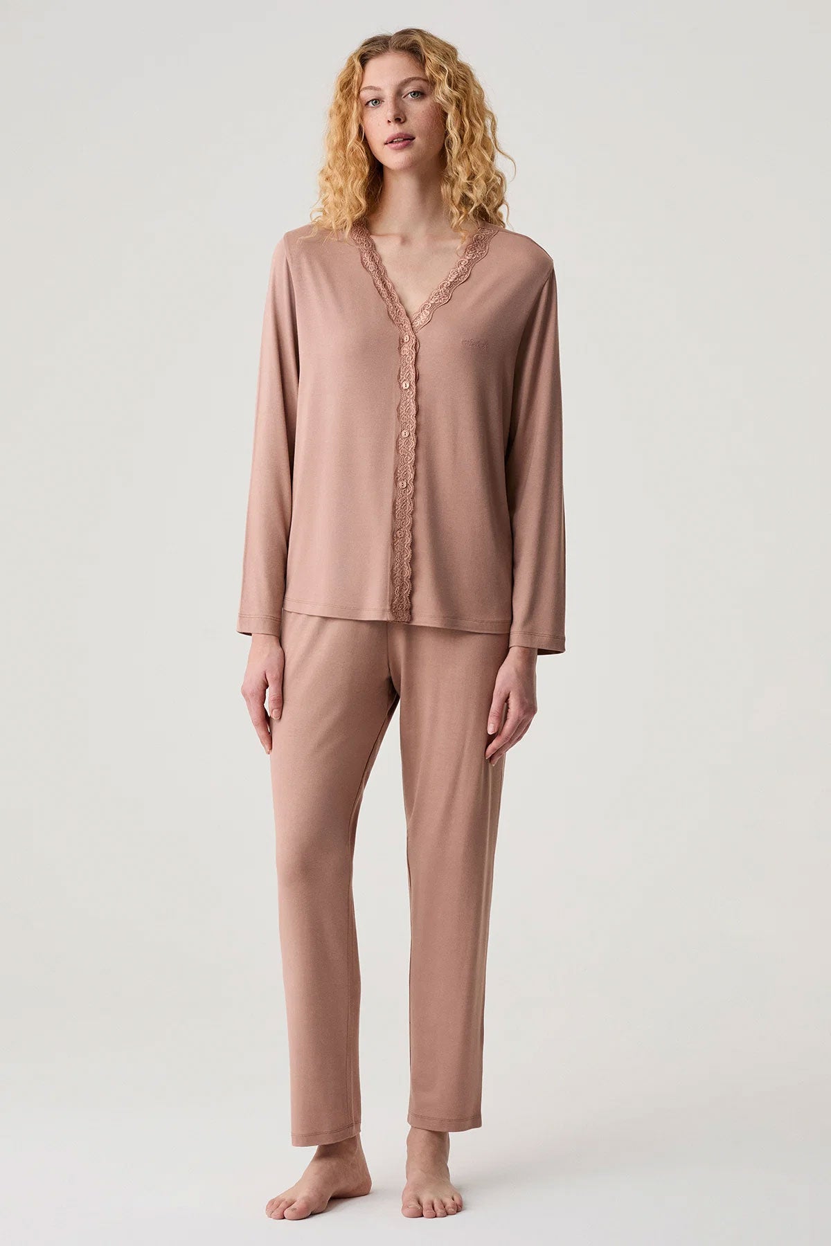 Catherine's Kadın Pijama Takımı Dantel Detaylı Gömlek Yaka