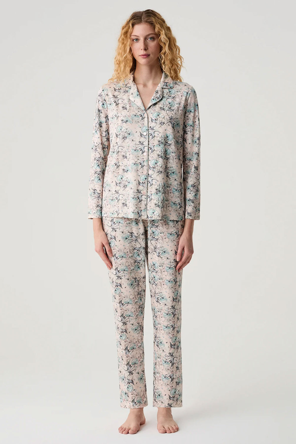Catherine's Kadın Pijama Takımı Gömlek Yaka Çiçek Desenli