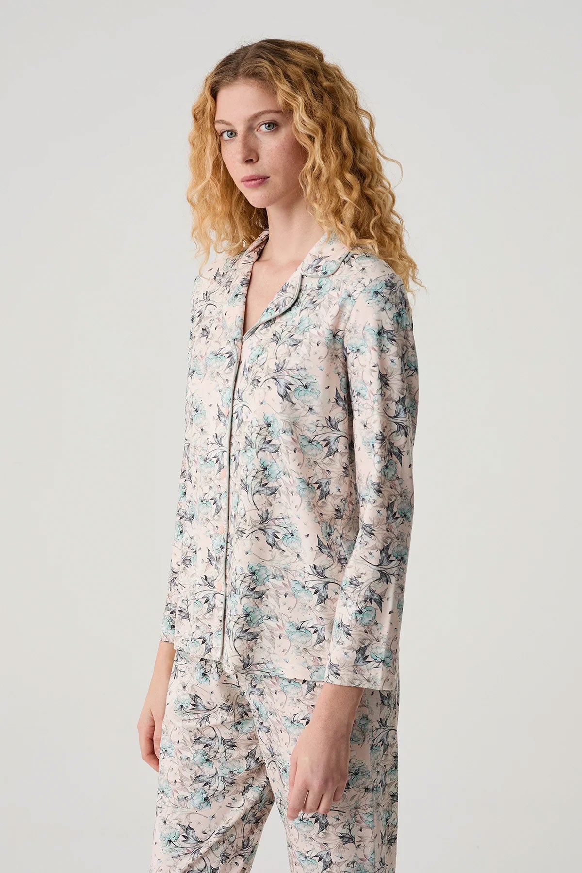 Catherine's Kadın Pijama Takımı Gömlek Yaka Çiçek Desenli