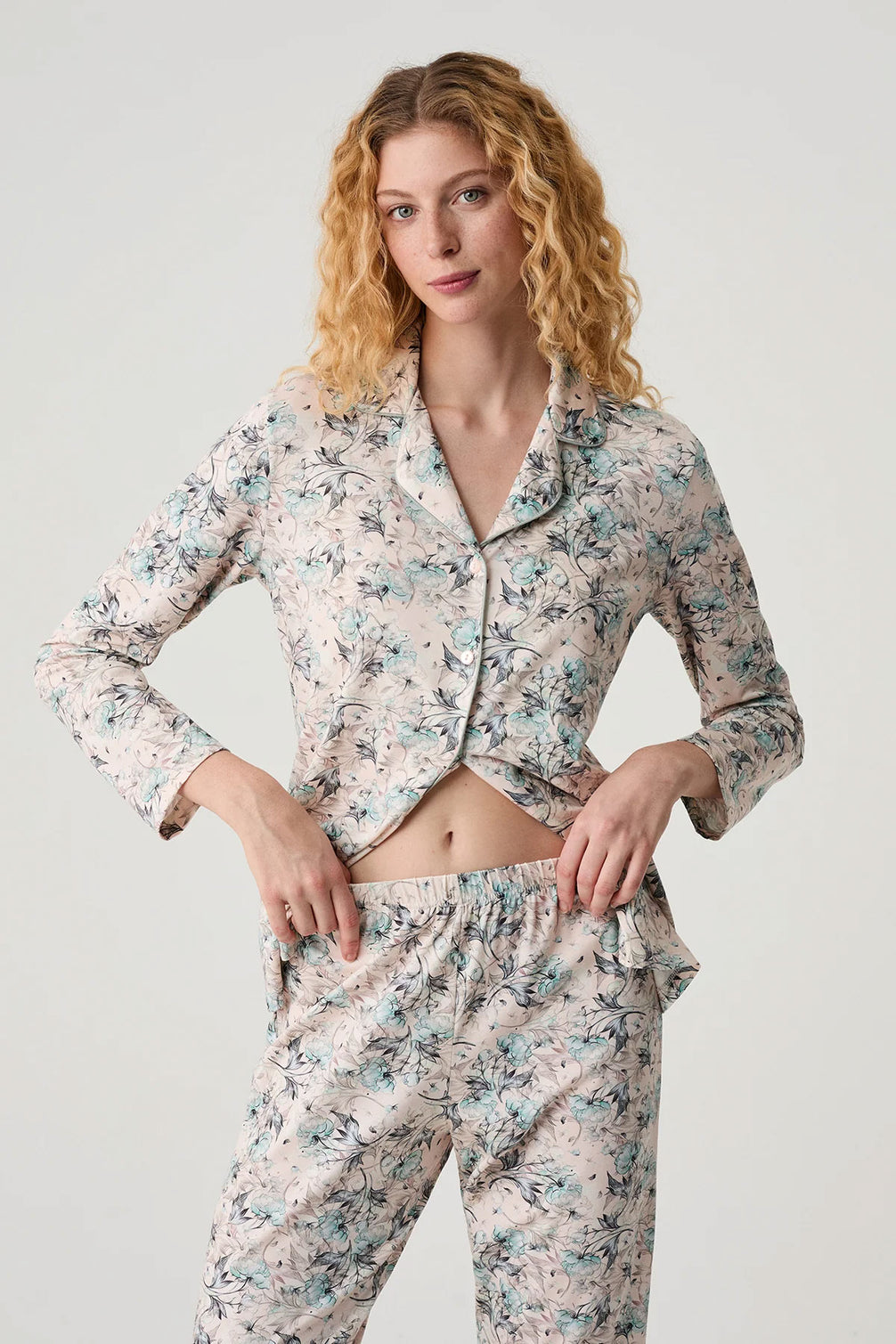 Catherine's Kadın Pijama Takımı Gömlek Yaka Çiçek Desenli