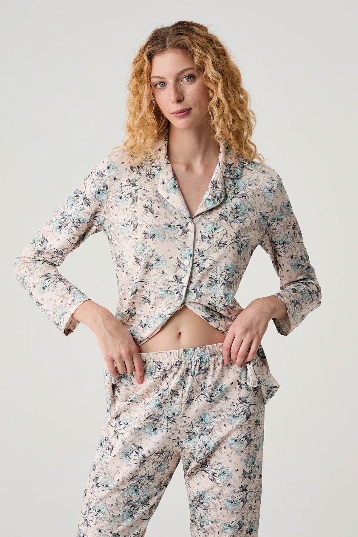 Catherine's Kadın Pijama Takımı Gömlek Yaka Çiçek Desenli