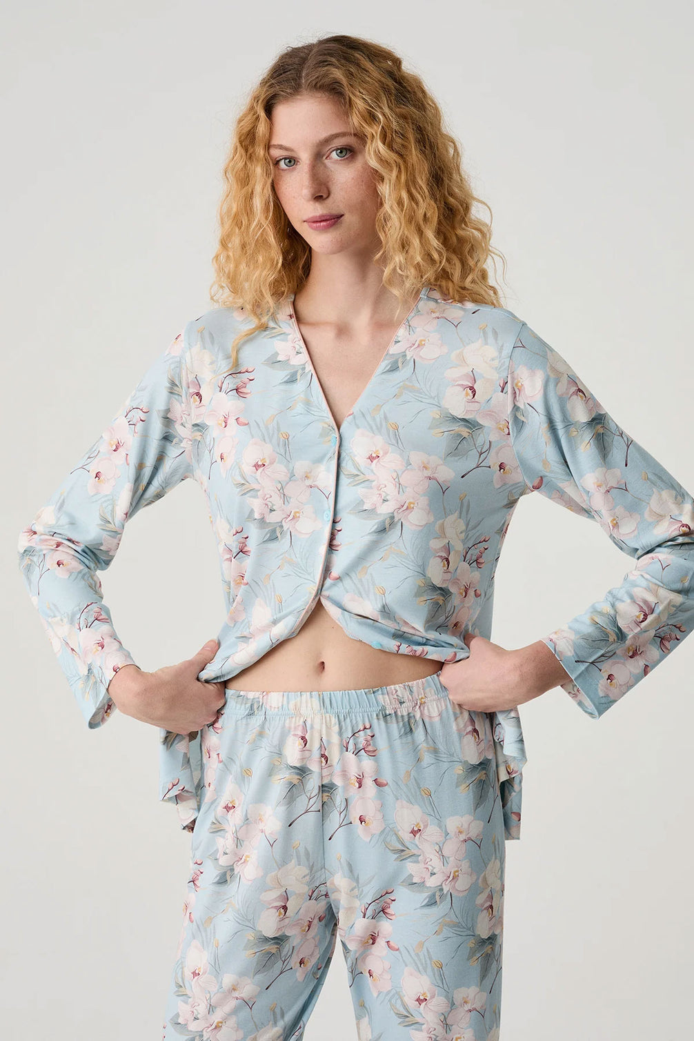 Catherine's Kadın Pijama Takımı Gömlek Yaka Çiçek Desenli