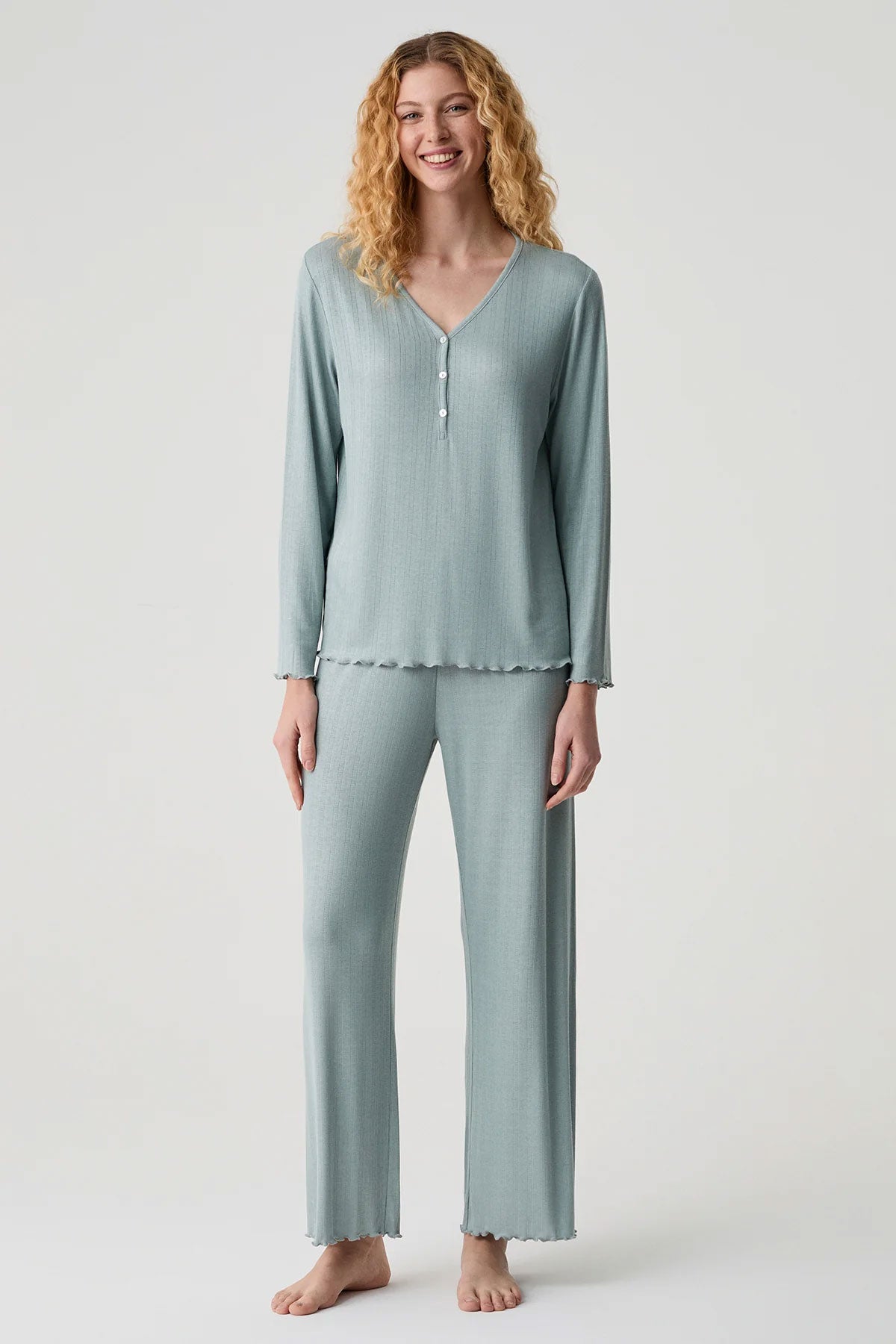 Catherine's Kadın Pijama Takımı V Yaka Yarım Patlı