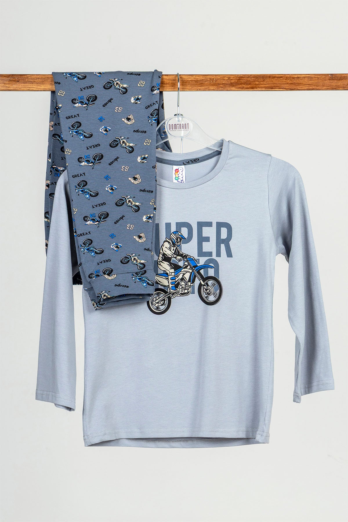 Domi Kids Erkek Çocuk Pijama Takımı Uzun Kollu Motor Baskılı Pamuklu