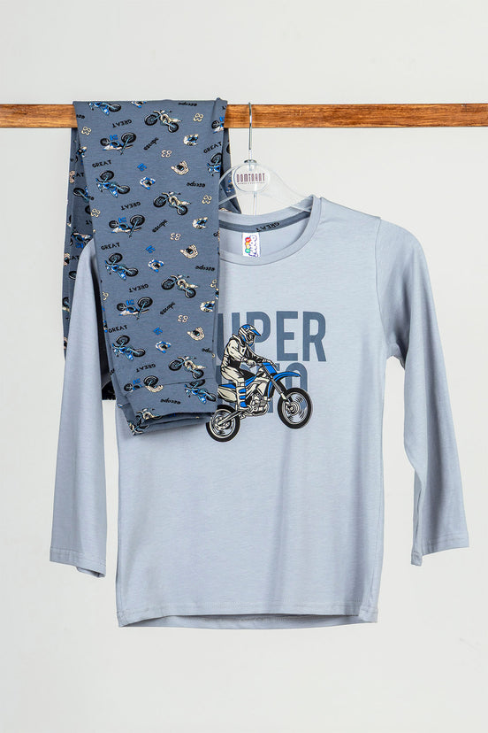 Domi Kids Erkek Çocuk Pijama Takımı Uzun Kollu Motor Baskılı Pamuklu