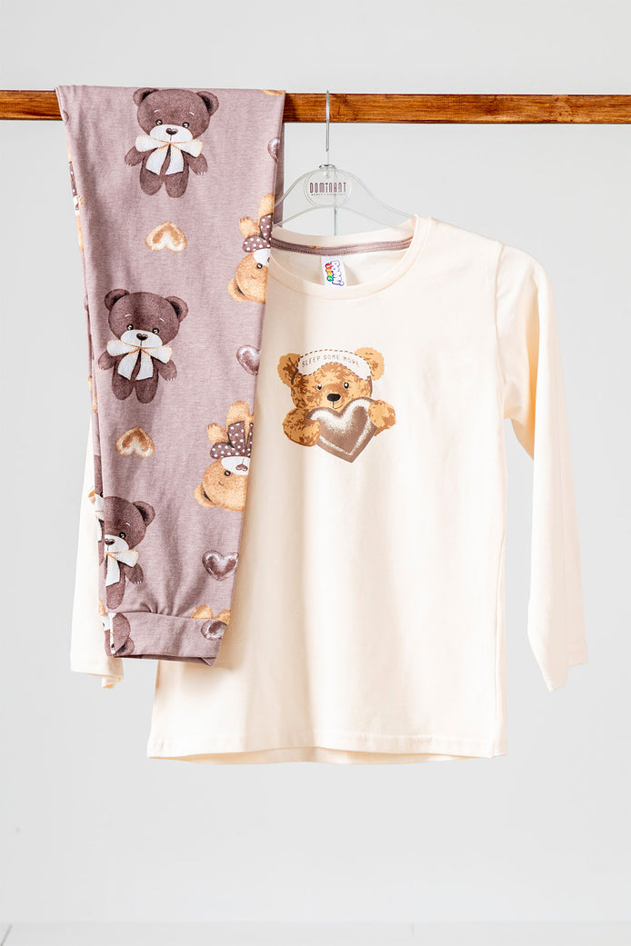 Domi Kids Kız Çocuk Pijama Takımı Uzun Kollu Ayıcık Baskılı Pamuklu