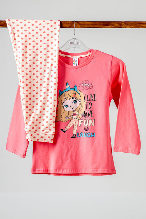 Domi Kids Kız Çocuk Pijama Takımı Uzun Kollu Puantiyeli Pamuklu