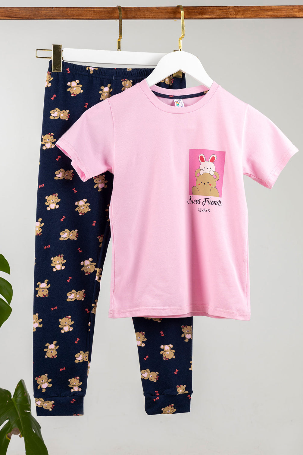 Domi Kız Çocuk Pijama Takımı Kısa Kollu Pamuklu Ayıcık Baskılı Paça Manşetli