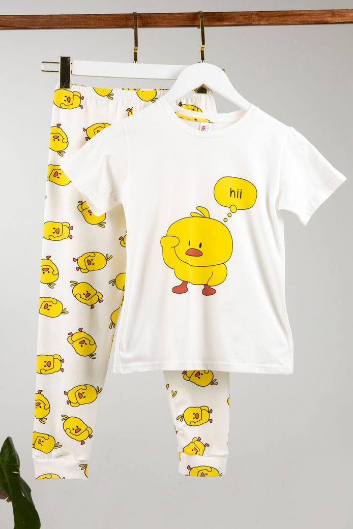 Domi Kız Çocuk Pijama Takımı Kısa Kollu Pamuklu Civciv Baskılı Paça Manşetli