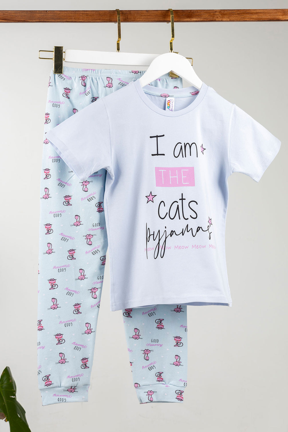 Domi Kız Çocuk Pijama Takımı Kısa Kollu Pamuklu Kedi Baskılı Paça Manşetli