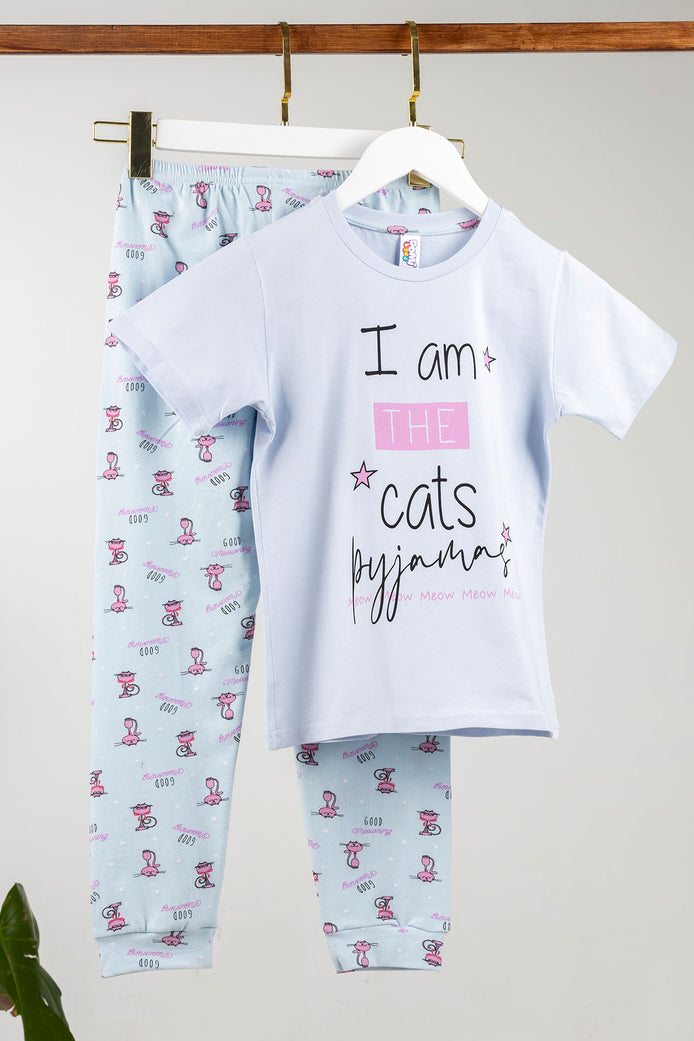 Domi Kız Çocuk Pijama Takımı Kısa Kollu Pamuklu Kedi Baskılı Paça Manşetli