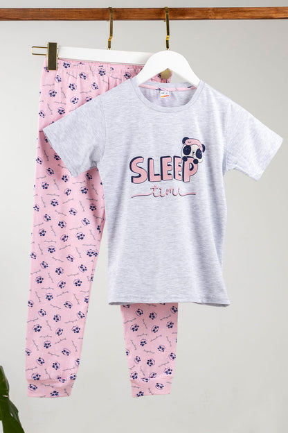 Domi Kız Çocuk Pijama Takımı Kısa Kollu Pamuklu Panda Baskılı Paça Manşetli