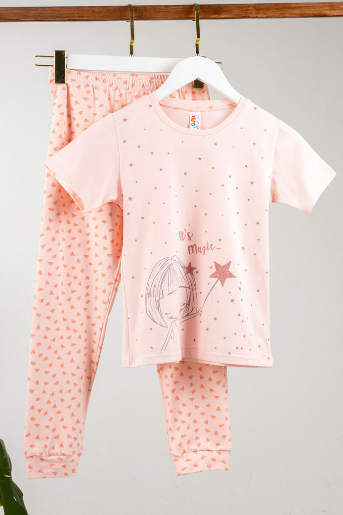 Domi Kız Çocuk Pijama Takımı Kısa Kollu Pamuklu Simli Yıldız Kalp Baskılı Paça Manşetli