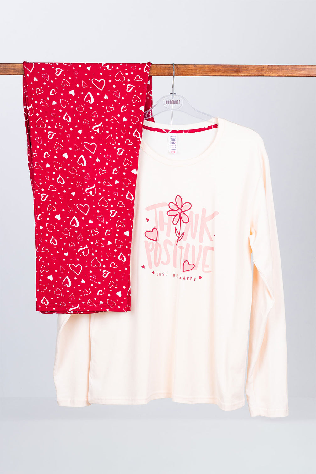 Dominant Kadın Pijama Takımı Uzun Kollu Kalp Baskılı Pamuklu