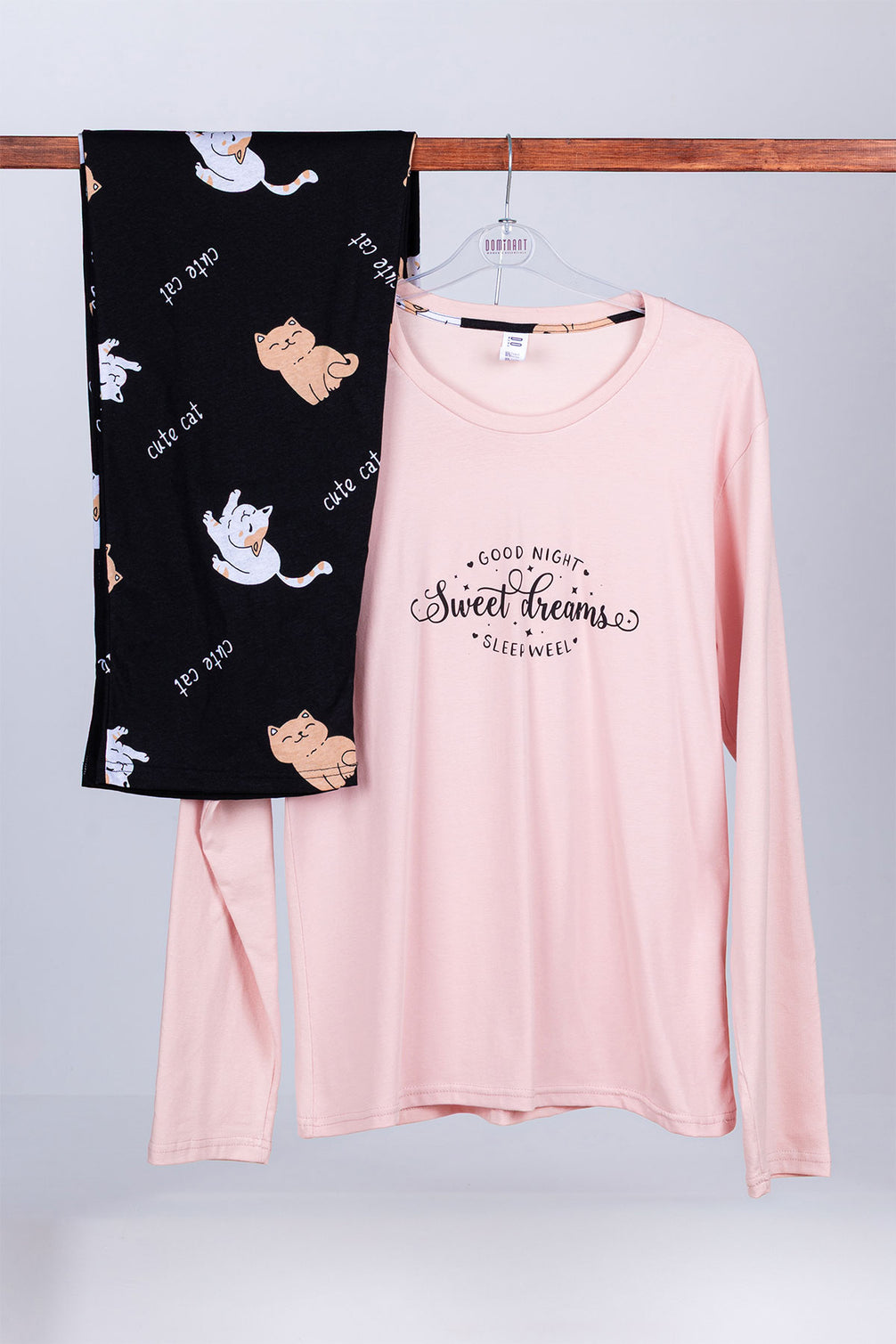 Dominant Kadın Pijama Takımı Uzun Kollu Kedi Baskılı Pamuklu