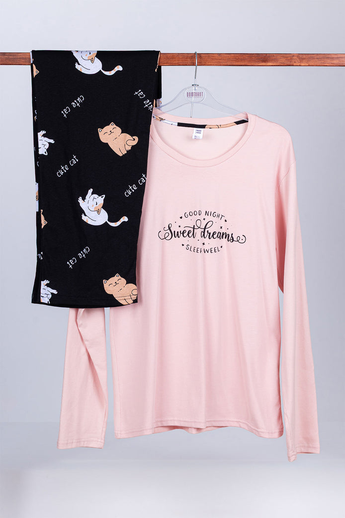 Dominant Kadın Pijama Takımı Uzun Kollu Kedi Baskılı Pamuklu
