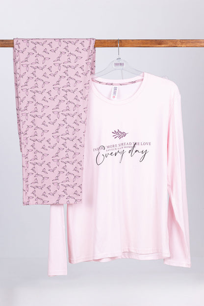 Dominant Kadın Pijama Takımı Uzun Kollu Yaprak Baskılı Pamuklu