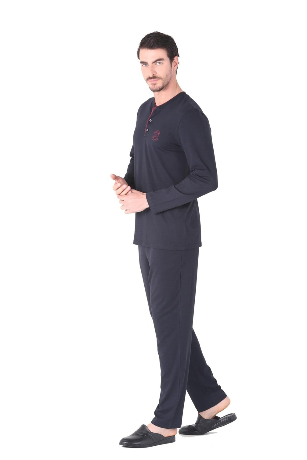 Ds Damat Erkek Pijama Takımı Yarım Patlı Uzun Kol Pamuk Modal