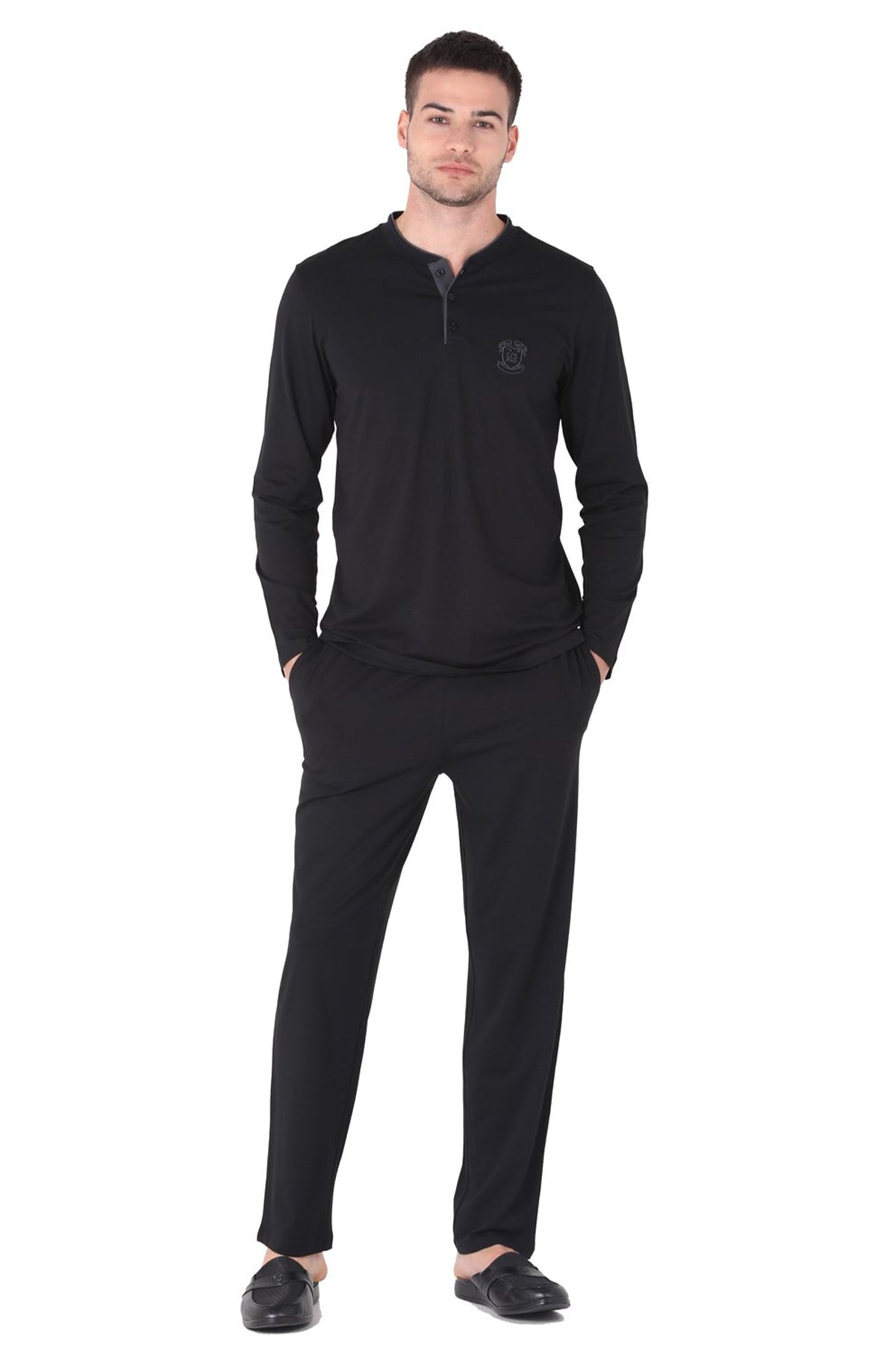 Ds Damat Erkek Pijama Takımı Yarım Patlı Uzun Kol Pamuk Modal