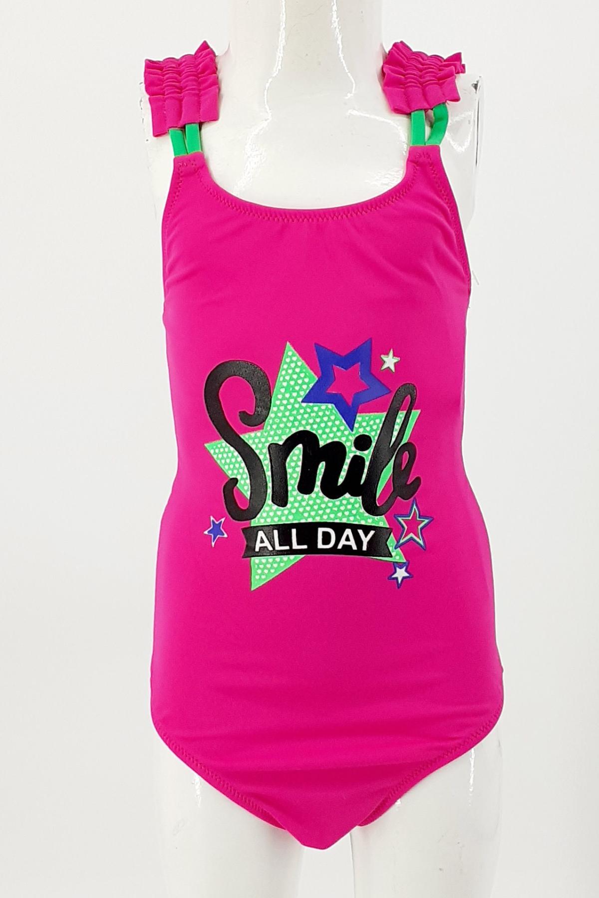 Endeep Kız Çocuk Mayo Büzgü Askılı Smile All Day Yazılı