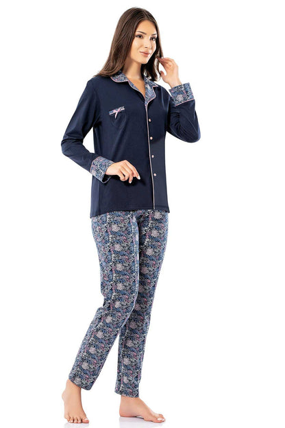 Erdem Kadın Pijama Takımı Gömlek Yakalı Alt Desenli