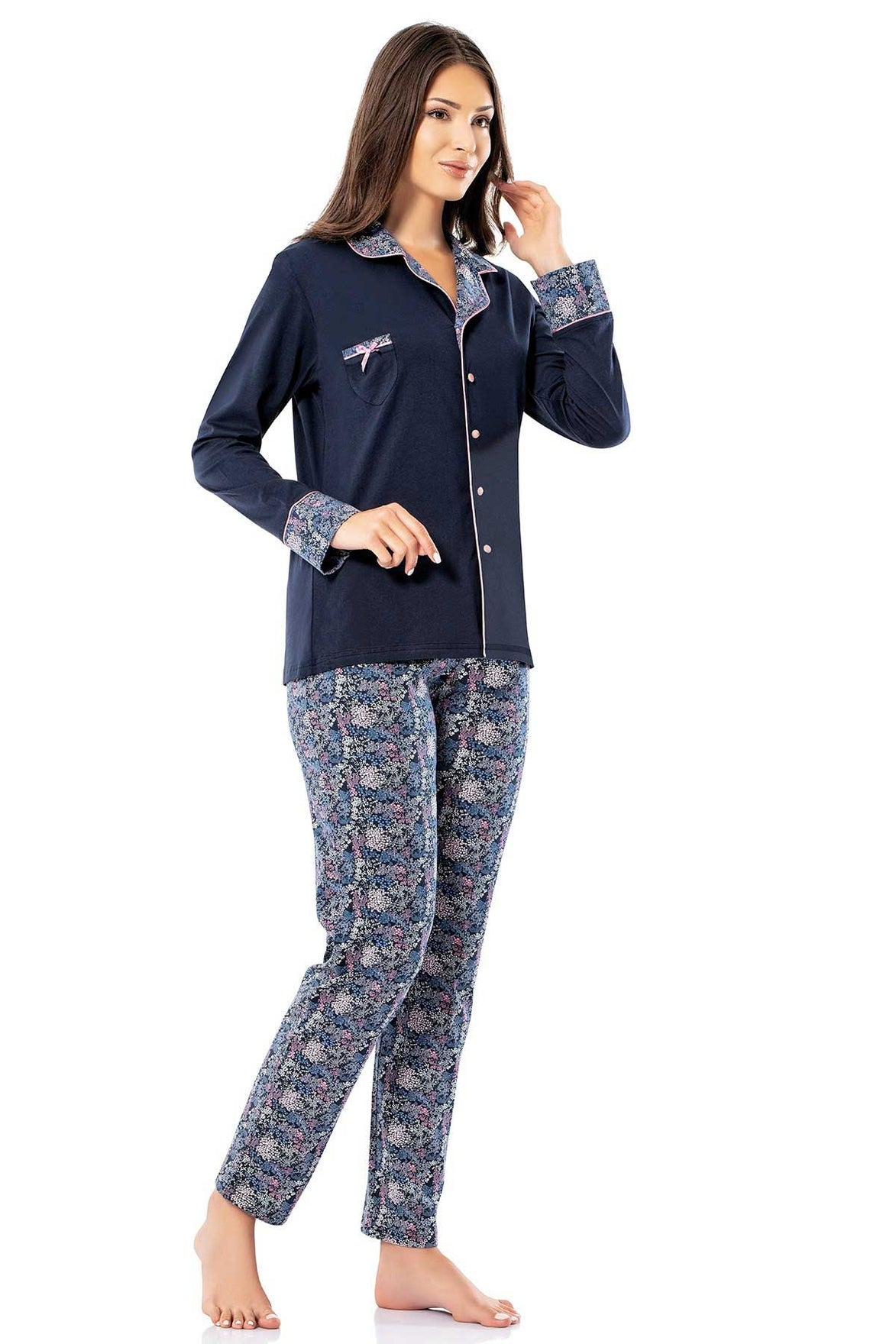 Erdem Kadın Pijama Takımı Gömlek Yakalı Alt Desenli