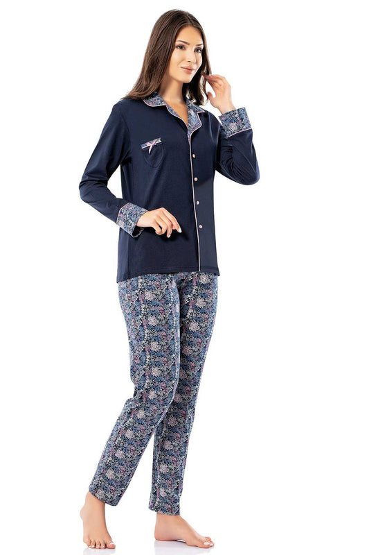 Erdem Kadın Pijama Takımı Gömlek Yakalı Alt Desenli