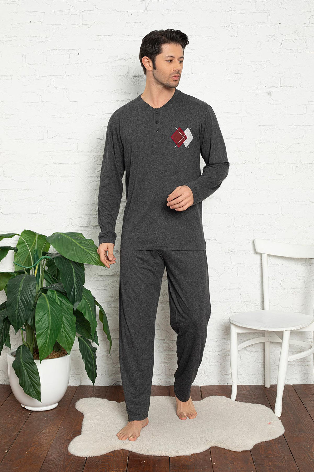 Falkom Erkek Üç Düğmeli Uzun Kol Büyük Beden Pijama Takımı
