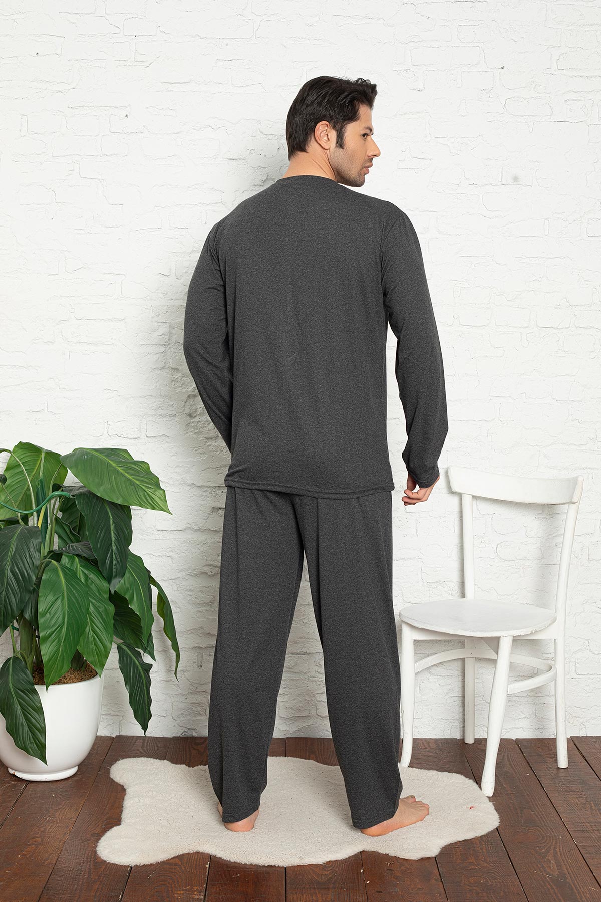 Falkom Erkek Üç Düğmeli Uzun Kol Büyük Beden Pijama Takımı