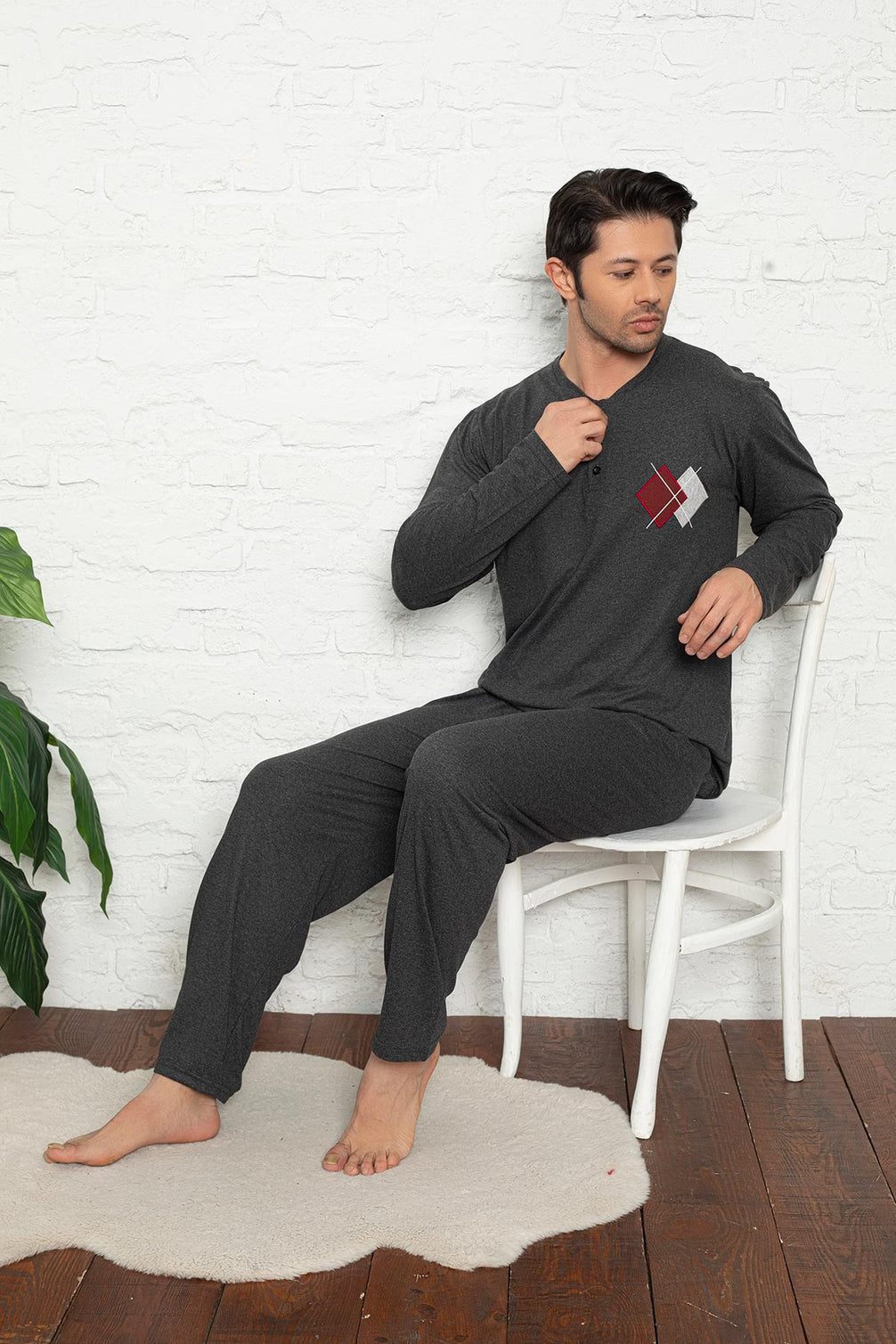 Falkom Erkek Üç Düğmeli Uzun Kol Büyük Beden Pijama Takımı