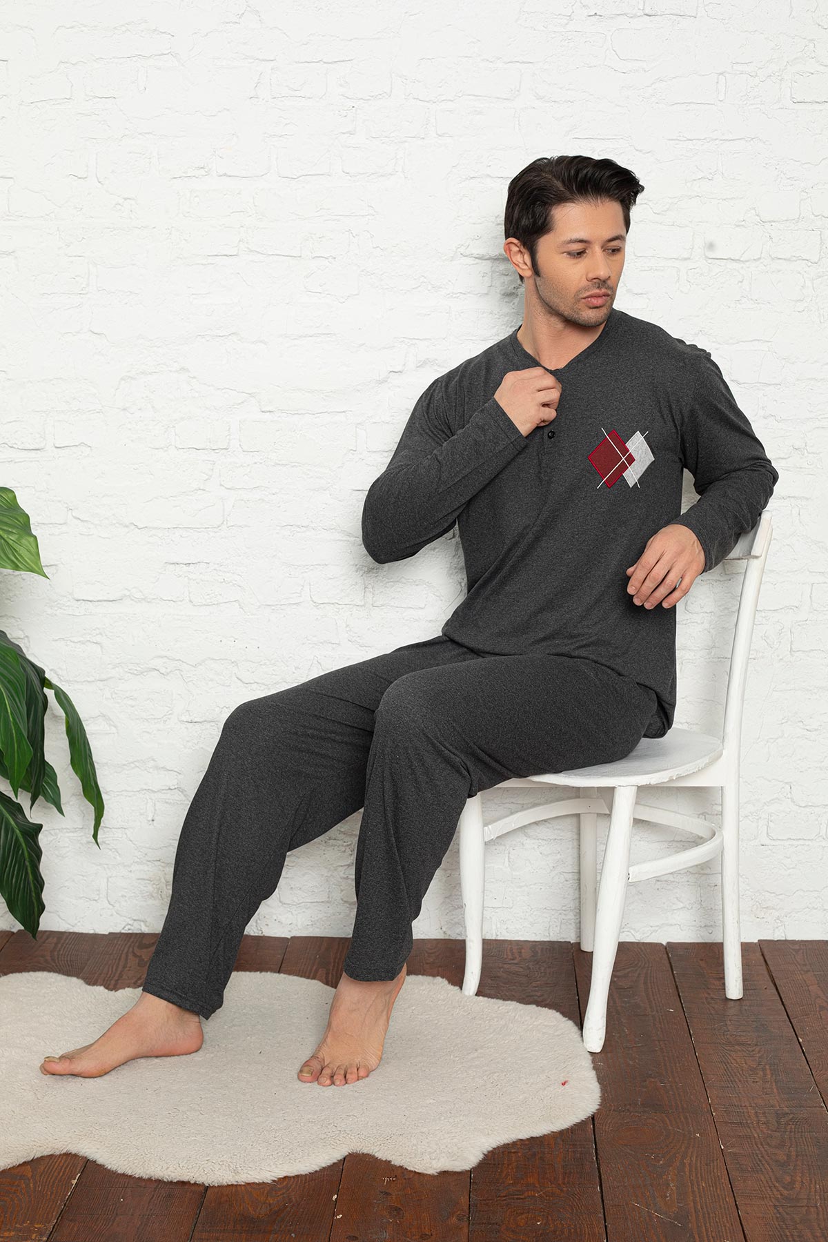 Falkom Erkek Üç Düğmeli Uzun Kol Büyük Beden Pijama Takımı