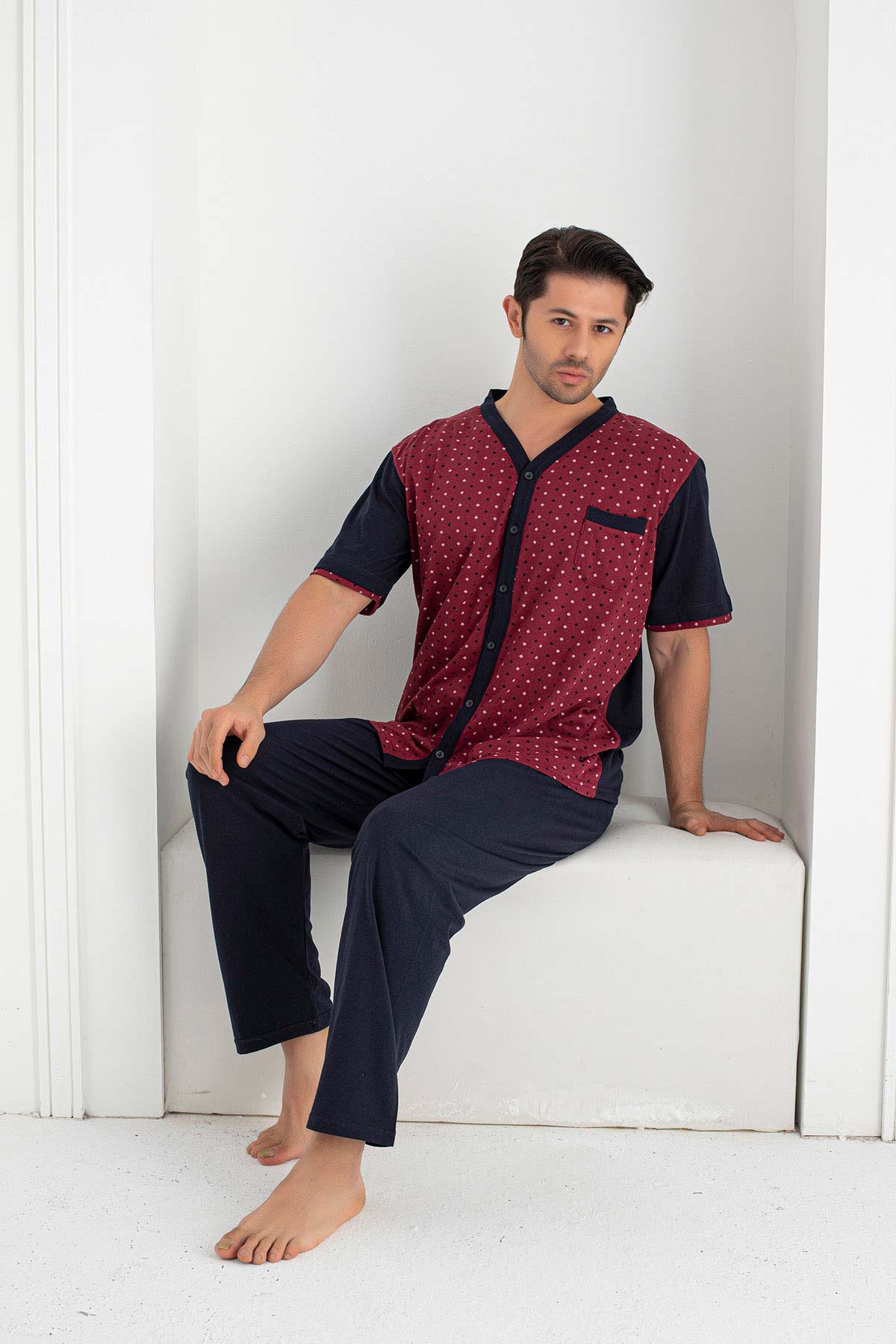 Falkon Erkek Kısa Kollu Boydan Düğmeli Büyük Beden Pijama Takımı Süprem
