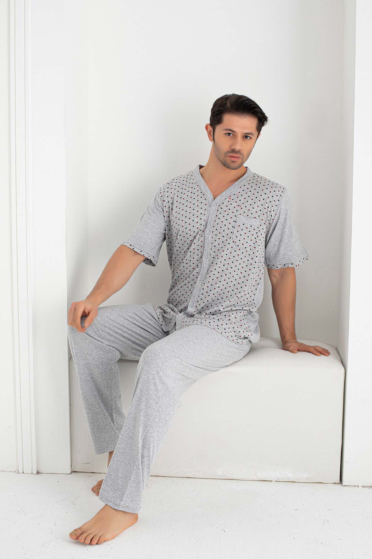 Falkon Erkek Kısa Kollu Boydan Düğmeli Büyük Beden Pijama Takımı Süprem
