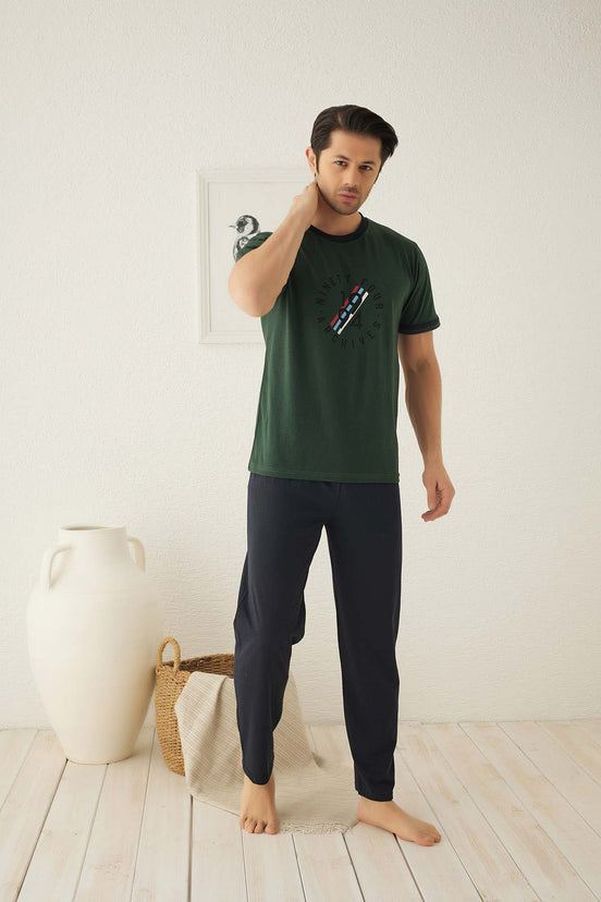 Falkon Erkek Kısa Kollu Önü Desenli Pijama Takımı Süprem
